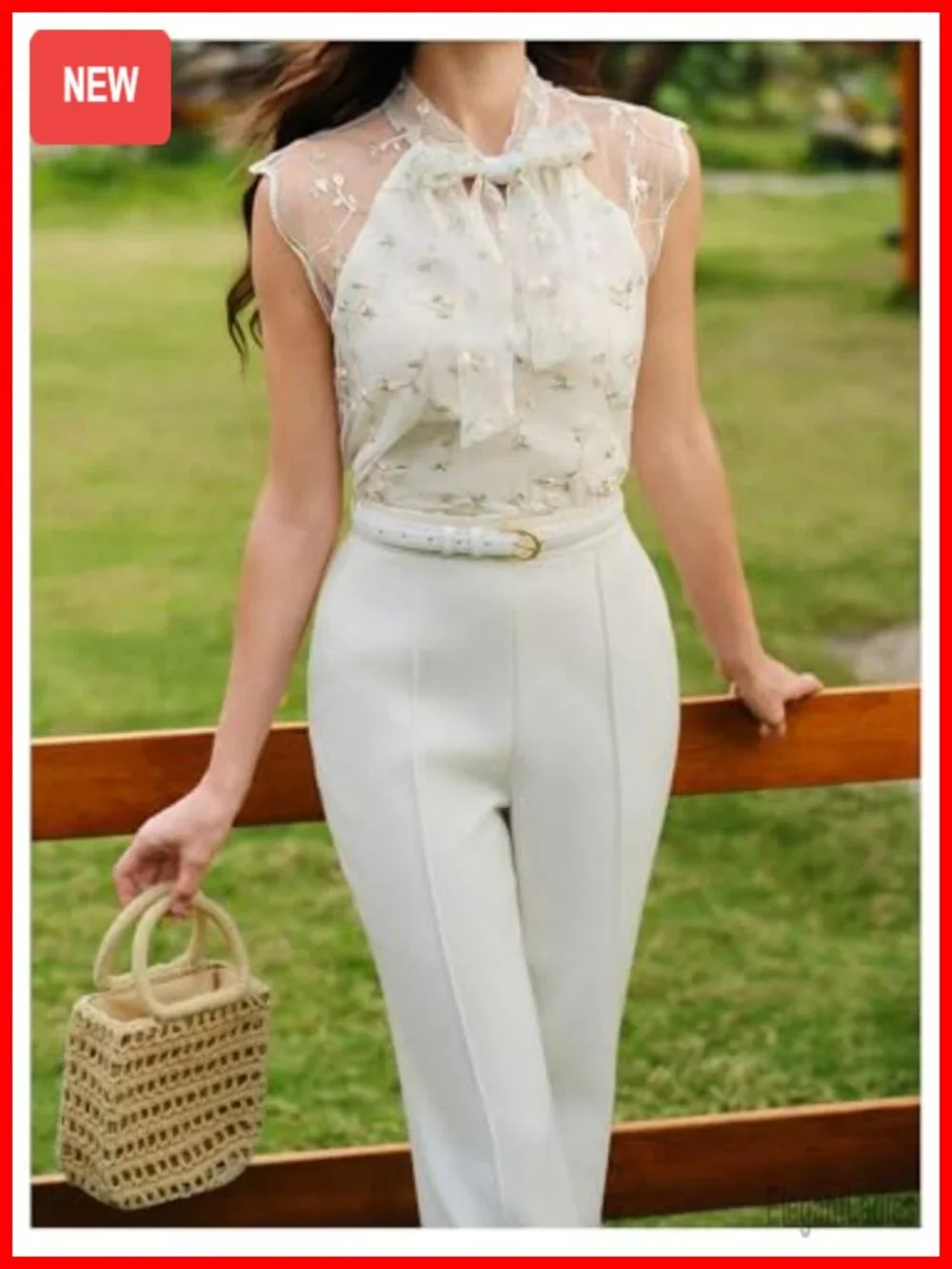 Sleeveless Floral Embroidery Sheer Mesh Blouse with Bow Tie Neck